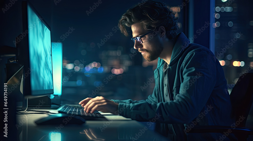 A young man programmer writing code on the keyboard in the office space. Generative Ai