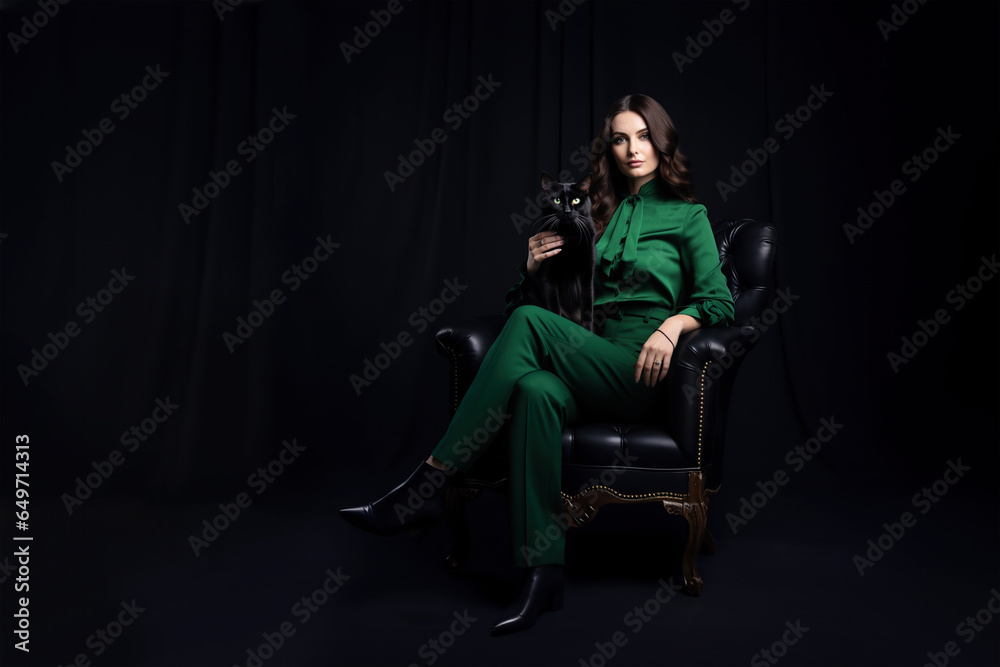 A young woman in a green suit holds a black cat in her hands while sitting in a chair.