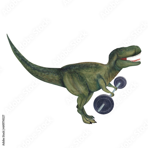 Tirannosaurus with a barbell. Dinosaur athlete. Watercolor illustration isolated on a white background. Hand drawn photo