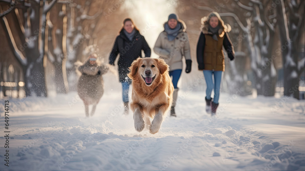 Happy family running their pet golden retriever in the winter park. Generative Ai