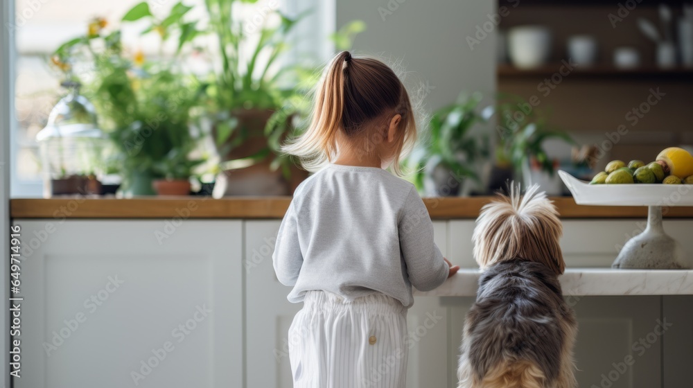 Φωτογραφία young child girl stay home with her animal dog best friend pet she is standing w