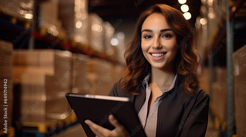 Portrait of A smiling woman with a tablet for checking goods. logistics and business export concept. Generative Ai Portrait of A smiling woman with a tablet for checking goods. logistics and business export concept. Generative Ai
