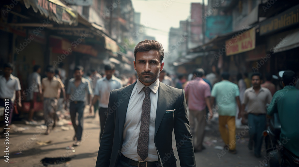 Rich male businessman walking down Indian busy street