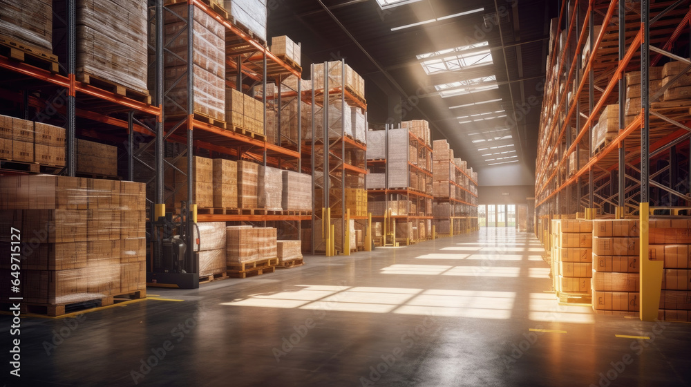 Product distribution center, Retail warehouse full of shelves with goods in cartons, with pallets and forklifts. Logistics and transportation concept. Generative Ai