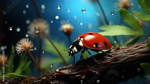  a ladybug sitting on a tree branch in the rain. generative ai