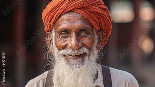 Elderly smiling man in turban closeup outdoors