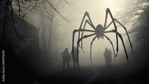 phobia fear horror, silhouette of a huge spider in a foggy forest.