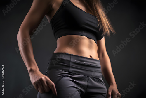 Fit woman in sports bra with muscular body against grey background.