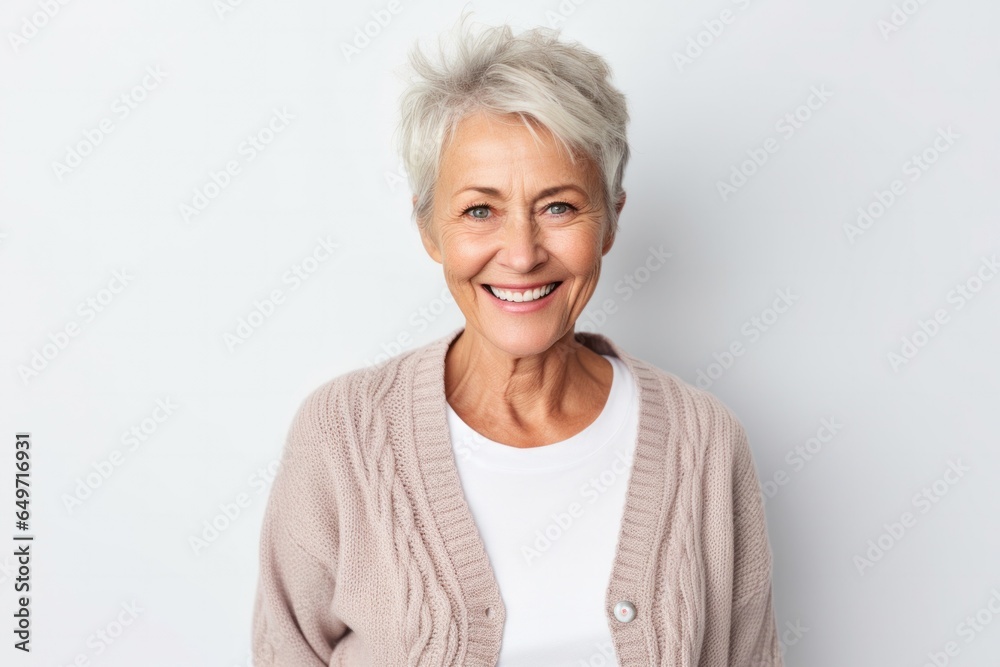 portrait of a Polish woman in her 60s wearing a chic cardigan against a white background portrait of a Polish woman in her 60s wearing a chic cardigan against a white background