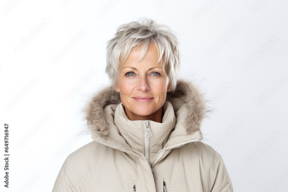 portrait of a Polish woman in her 50s wearing a warm parka against a white background portrait of a Polish woman in her 50s wearing a warm parka against a white background