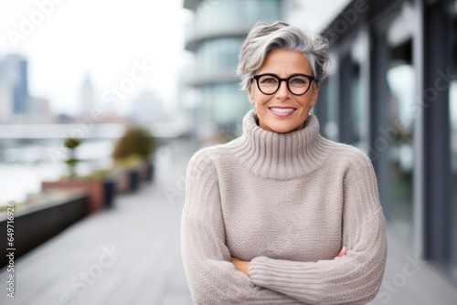 portrait of a Polish woman in her 50s wearing a cozy sweater against a white background