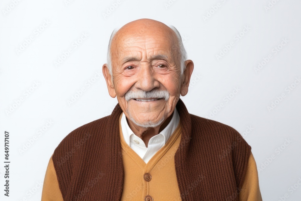 portrait of a confident 100-year-old elderly Mexican man wearing a chic cardigan against a white background portrait of a confident 100-year-old elderly Mexican man wearing a chic cardigan against a white background