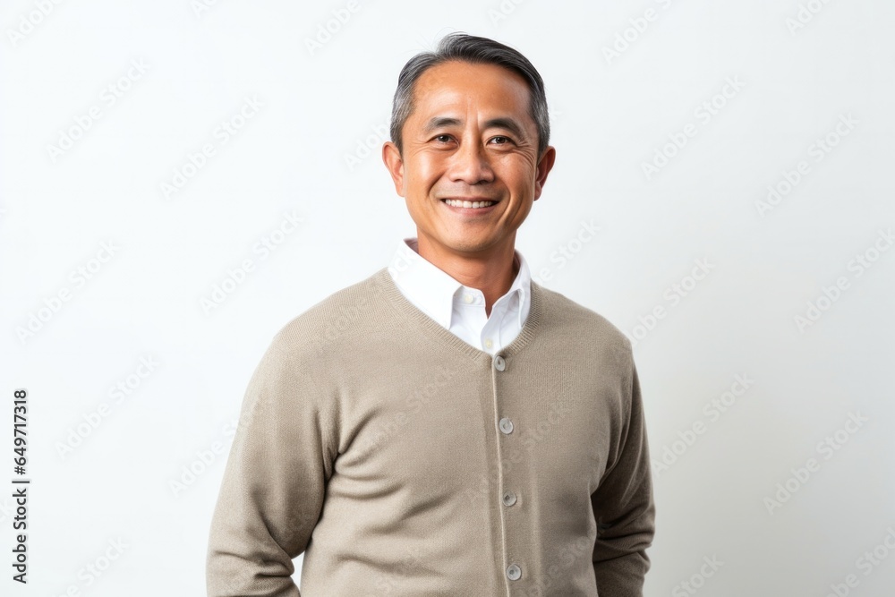 portrait of a confident Filipino man in his 50s wearing a chic cardigan against a white background portrait of a confident Filipino man in his 50s wearing a chic cardigan against a white background
