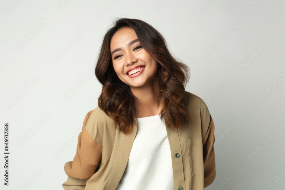 portrait of a confident Filipino woman in her 20s wearing a chic cardigan against a white background portrait of a confident Filipino woman in her 20s wearing a chic cardigan against a white background