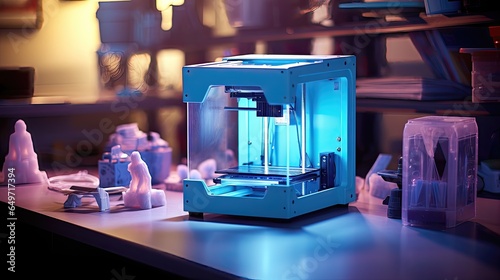 3d-printer in lights of blue lighting