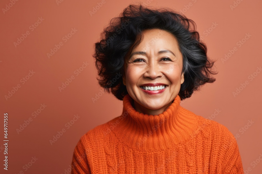 portrait of a confident Filipino woman in her 50s wearing a cozy sweater against an abstract background portrait of a confident Filipino woman in her 50s wearing a cozy sweater against an abstract background