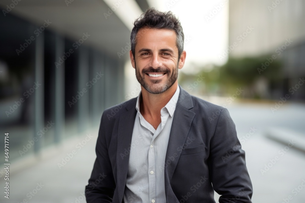 portrait of a confident Israeli man in his 40s wearing a chic cardigan against a modern architectural background