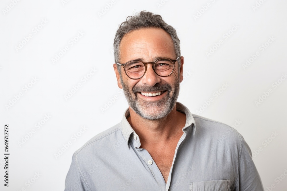 portrait of a confident Israeli man in his 50s wearing a chic cardigan against a white background portrait of a confident Israeli man in his 50s wearing a chic cardigan against a white background