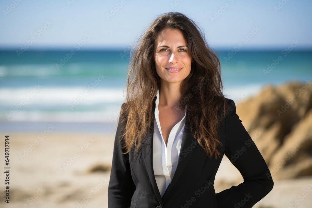portrait of a confident Israeli woman in her 30s wearing a classic blazer against a beach background