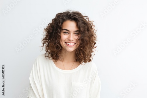 portrait of a confident Israeli woman in her 20s wearing a chic cardigan against a white background
