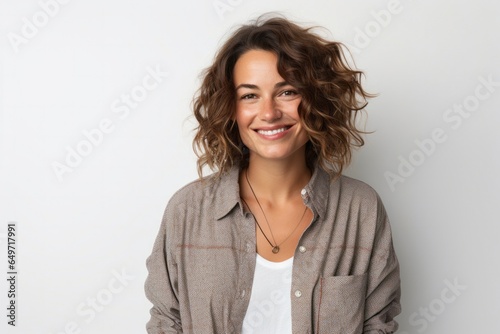 portrait of a confident Israeli woman in her 30s wearing a cozy sweater against a white background