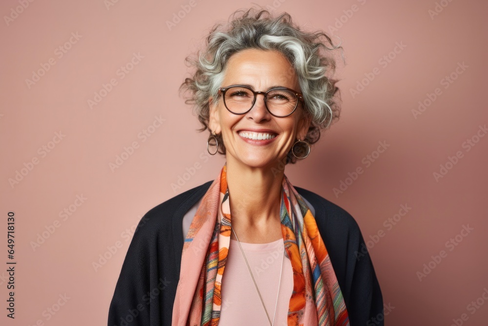 portrait of a confident Israeli woman in her 50s wearing a chic cardigan against an abstract background