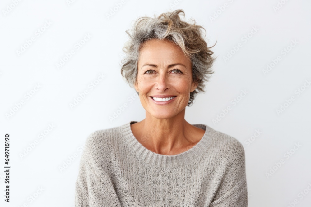 portrait of a confident Israeli woman in her 50s wearing a cozy sweater against a white background portrait of a confident Israeli woman in her 50s wearing a cozy sweater against a white background