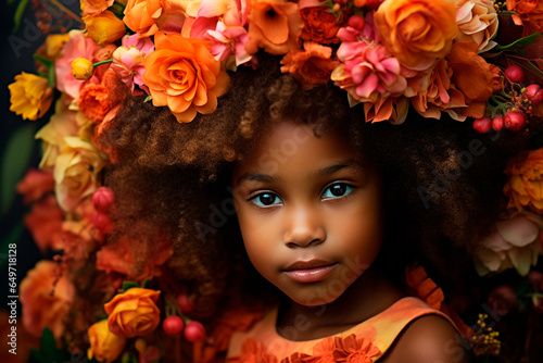 Stunning 7 year old afro girl covered in beautiful flowers, close up