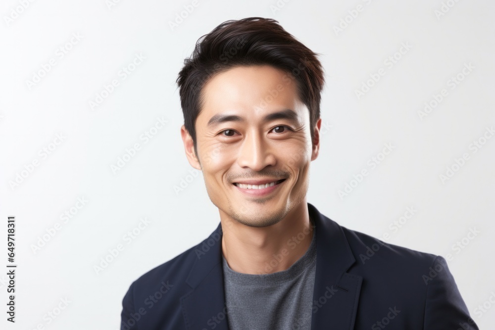portrait of a confident Japanese man in his 30s wearing a chic cardigan against a white background portrait of a confident Japanese man in his 30s wearing a chic cardigan against a white background