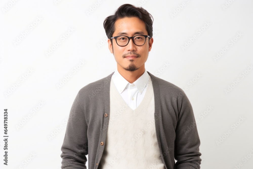portrait of a confident Japanese man in his 30s wearing a chic cardigan against a white background portrait of a confident Japanese man in his 30s wearing a chic cardigan against a white background