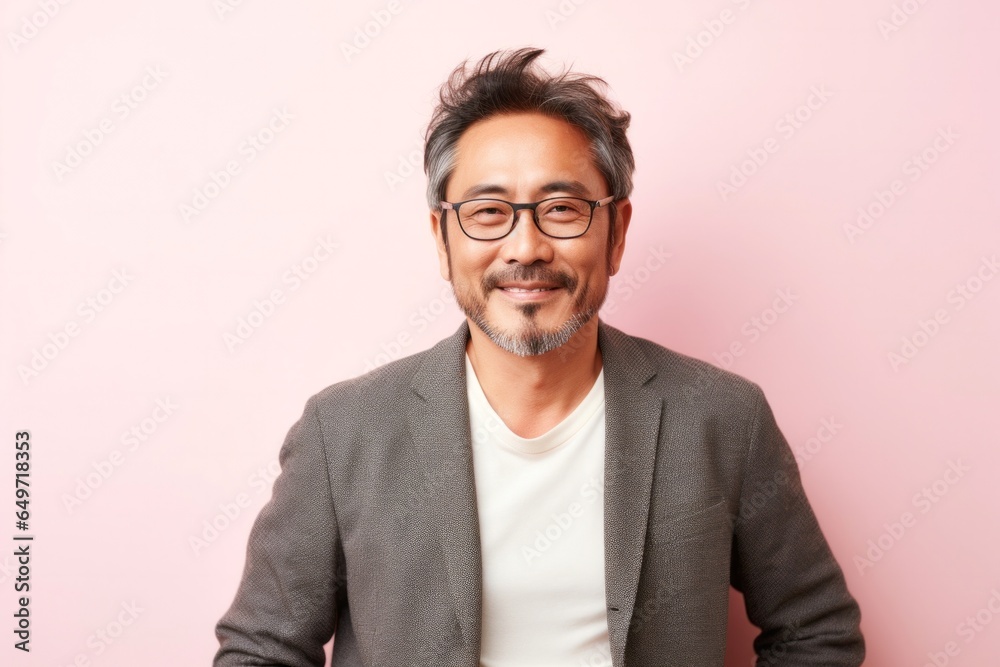 portrait of a confident Japanese man in his 40s wearing a chic cardigan against a pastel or soft colors background portrait of a confident Japanese man in his 40s wearing a chic cardigan against a pastel or soft colors background