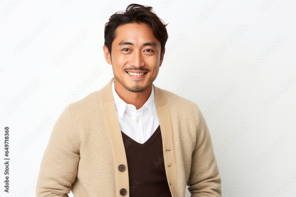 portrait of a confident Japanese man in his 30s wearing a chic cardigan against a white background portrait of a confident Japanese man in his 30s wearing a chic cardigan against a white background