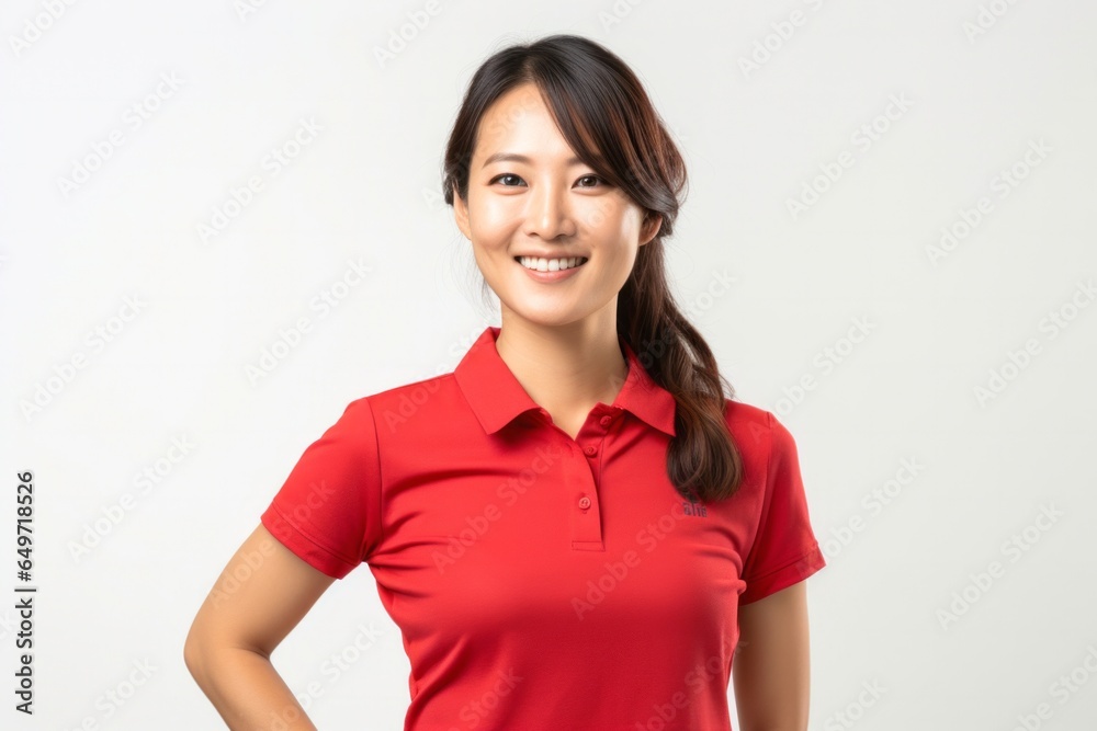 portrait of a confident Japanese woman in her 30s wearing a sporty polo shirt against a white background portrait of a confident Japanese woman in her 30s wearing a sporty polo shirt against a white background