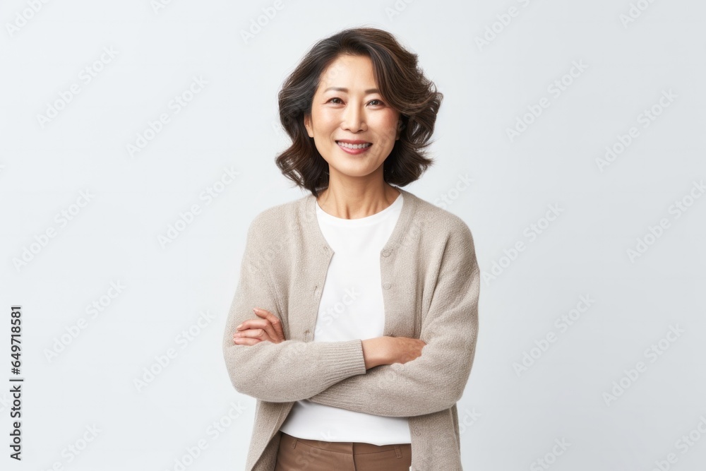 portrait of a confident Japanese woman in her 40s wearing a chic cardigan against a white background portrait of a confident Japanese woman in her 40s wearing a chic cardigan against a white background