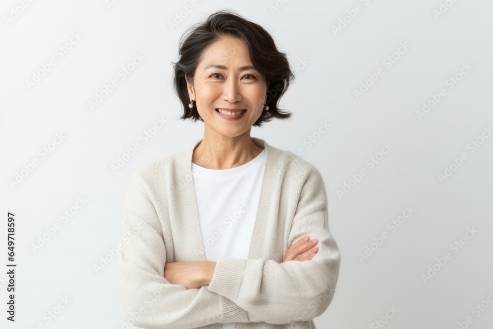 portrait of a confident Japanese woman in her 40s wearing a chic cardigan against a white background portrait of a confident Japanese woman in her 40s wearing a chic cardigan against a white background