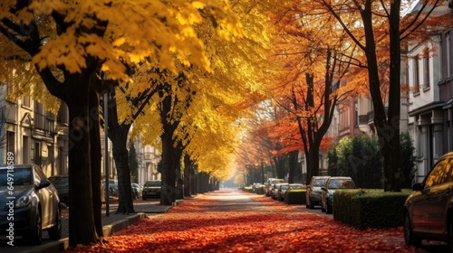 autumn in the city, a street,yellow and red leafs on the street, trees on both sides of the street, autumn