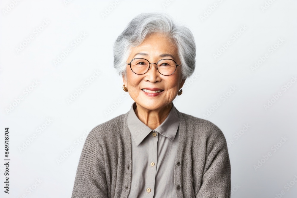 portrait of a confident Japanese woman in her 90s wearing a chic cardigan against a white background portrait of a confident Japanese woman in her 90s wearing a chic cardigan against a white background