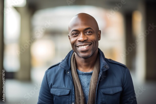 portrait of a confident Kenyan man in his 40s wearing a chic cardigan against an abstract background