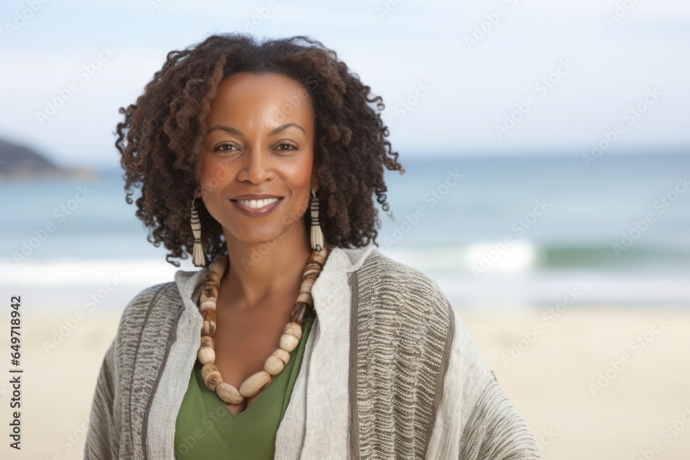 portrait of a confident Kenyan woman in her 40s wearing a chic cardigan against a beach background portrait of a confident Kenyan woman in her 40s wearing a chic cardigan against a beach background