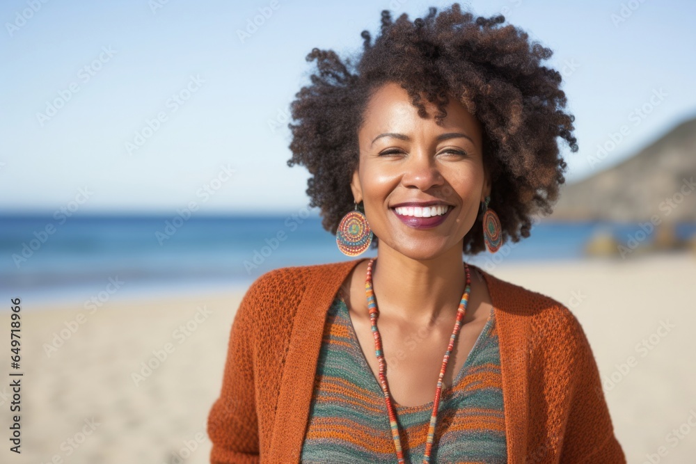 portrait of a confident Kenyan woman in her 40s wearing a chic cardigan against a beach background portrait of a confident Kenyan woman in her 40s wearing a chic cardigan against a beach background
