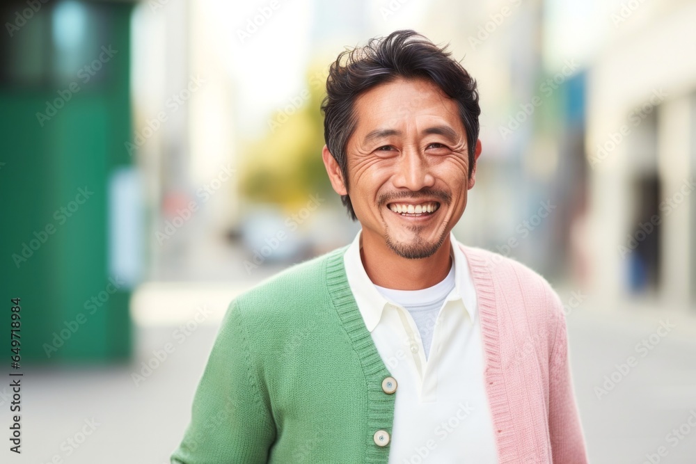 Portrait of a happy Japanese man in his 40s wearing a chic cardigan against a pastel or soft colors background Portrait of a happy Japanese man in his 40s wearing a chic cardigan against a pastel or soft colors background