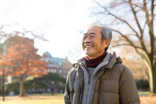 Portrait of a happy Japanese man in his 60s wearing a chic cardigan against a minimalist or empty room background