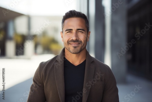 portrait of a confident Mexican man in his 30s wearing a chic cardigan against a modern architectural background