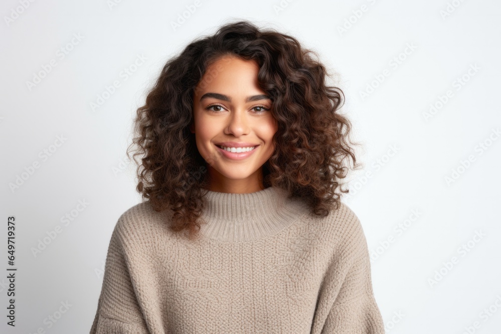 portrait of a confident Mexican woman in her 20s wearing a cozy sweater against a white background portrait of a confident Mexican woman in her 20s wearing a cozy sweater against a white background