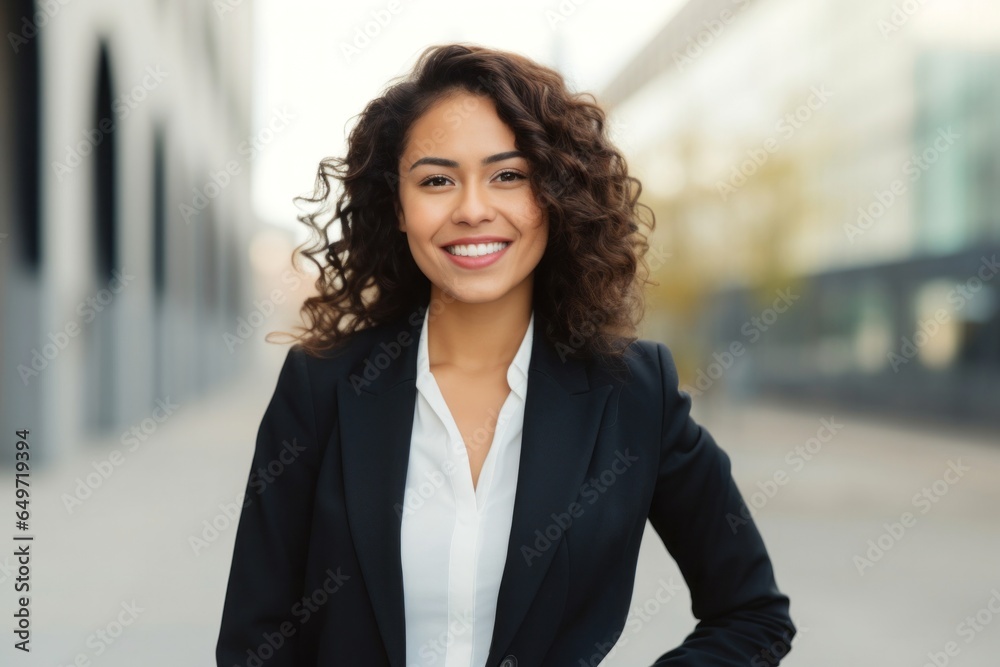 portrait of a confident Mexican woman in her 30s wearing a classic blazer against a white background