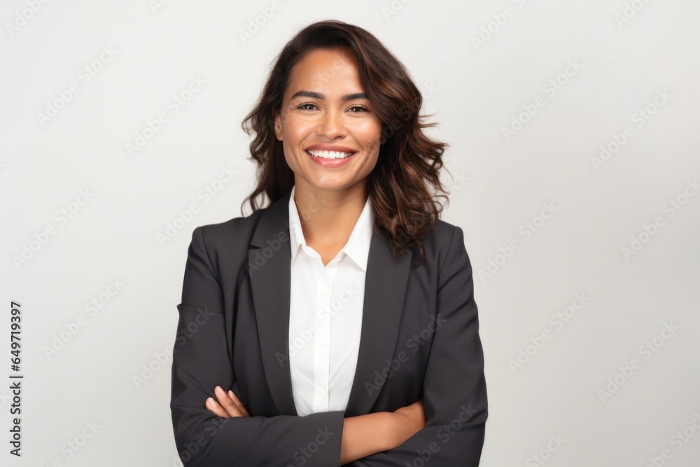 portrait of a confident Mexican woman in her 30s wearing a classic blazer against a white background portrait of a confident Mexican woman in her 30s wearing a classic blazer against a white background