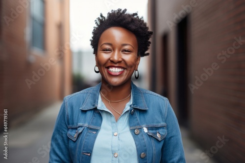 Portrait of a happy Kenyan woman in her 30s wearing a denim jacket against a minimalist or empty room background