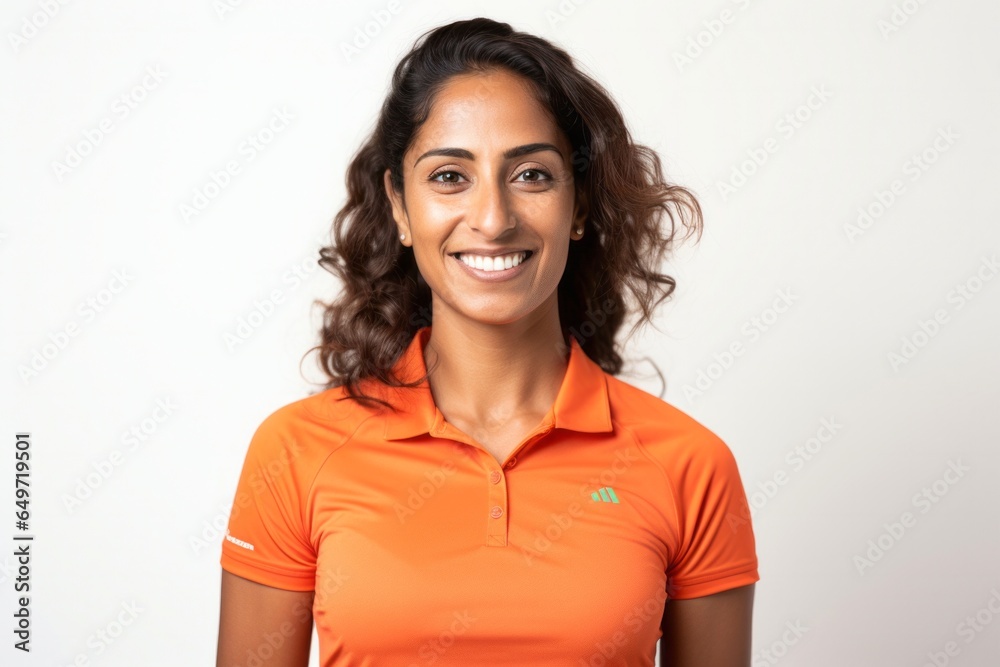 portrait of a confident Mexican woman in her 30s wearing a sporty polo shirt against a white background portrait of a confident Mexican woman in her 30s wearing a sporty polo shirt against a white background