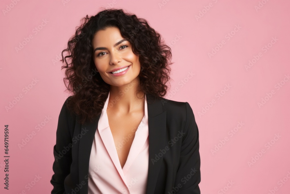 portrait of a confident Mexican woman in her 40s wearing a classic blazer against a pastel or soft colors background portrait of a confident Mexican woman in her 40s wearing a classic blazer against a pastel or soft colors background
