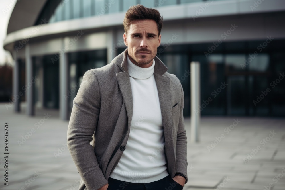 portrait of a confident Polish man in his 20s wearing a chic cardigan against a modern architectural background portrait of a confident Polish man in his 20s wearing a chic cardigan against a modern architectural background